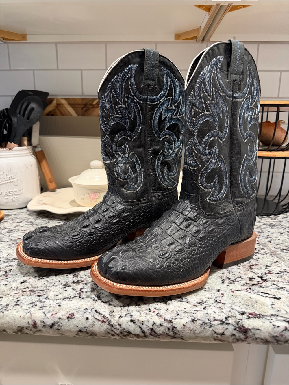 Men's Black Exotic Textured Cowboy Boots with Blue Stitching